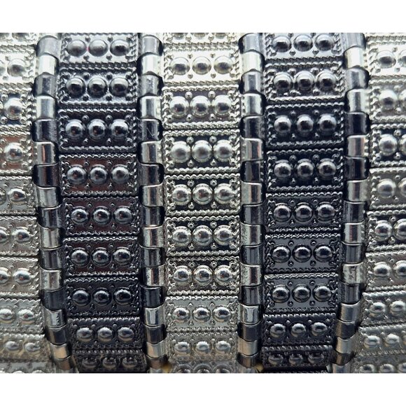 Wide Bracelet Chunky Silver & Black Tone Stretch One Size Rocker Punk - Picture 2 of 6